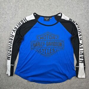 Harley Davidson Shirt Womens 1W Blue Thermal Long Sleeve Graphic Biker Tee Y2K